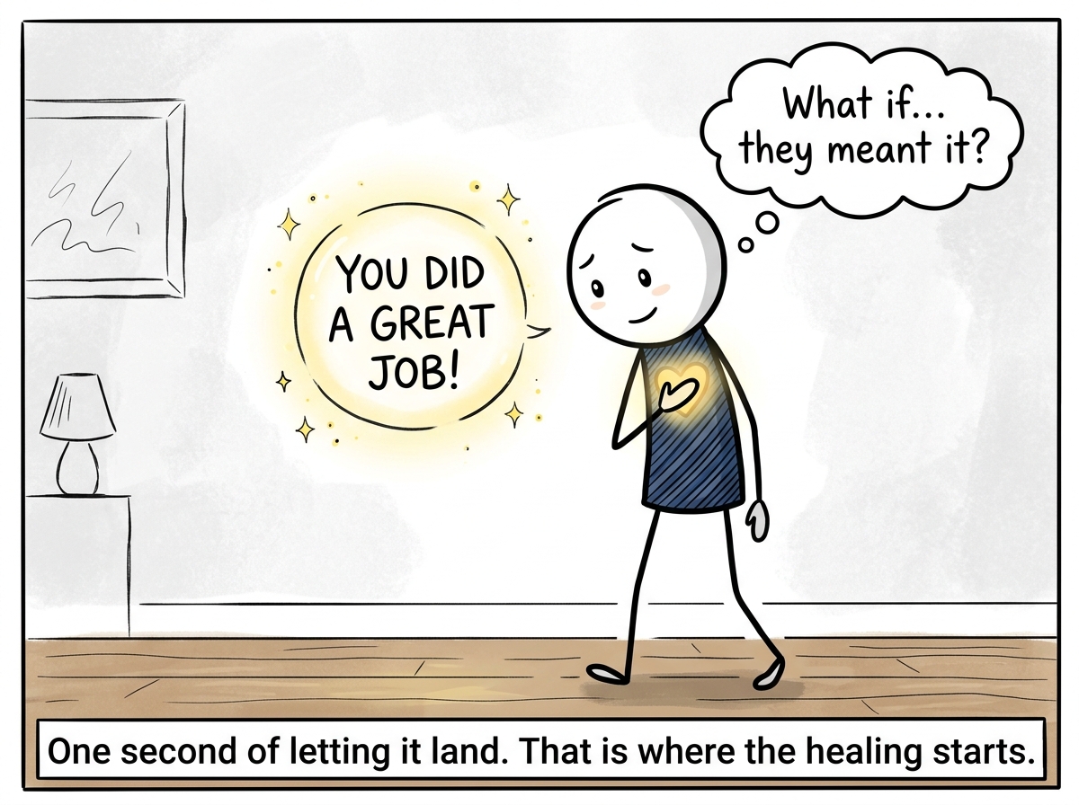 The stick figure pausing, hand over chest, letting the glowing compliment hover just an inch closer while thinking 'What if... they meant it?'
