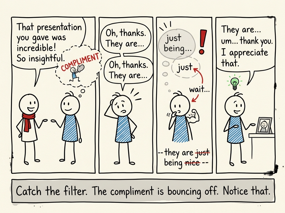 A stick figure receiving a compliment and noticing the familiar deflection reflex -- 'They are just being nice' -- and pausing before completing it