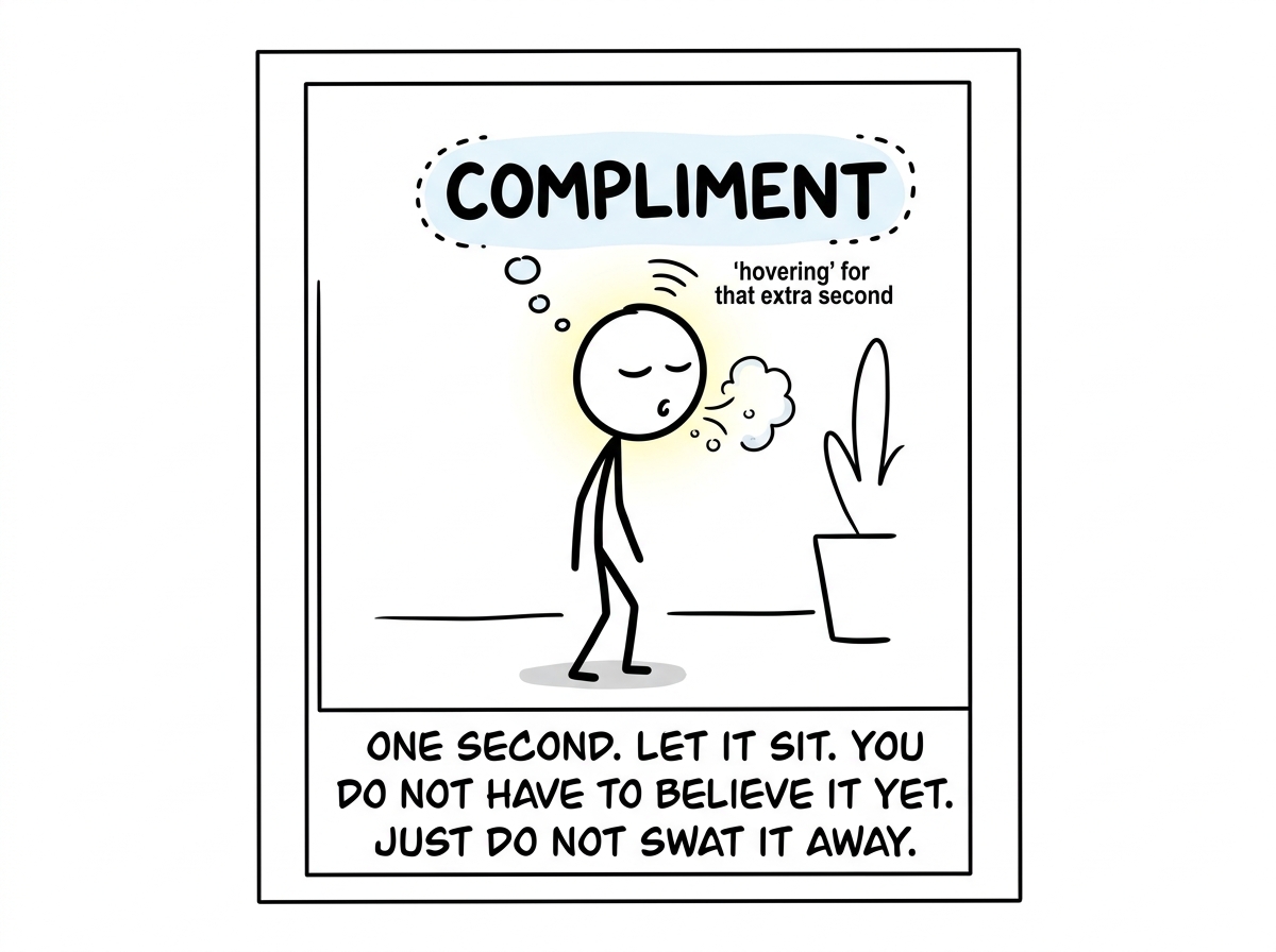 The stick figure taking a breath and letting the compliment hover for one extra second instead of deflecting it immediately