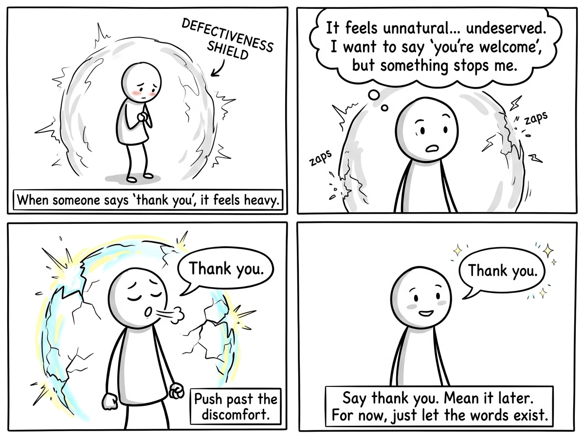 The stick figure saying 'Thank you' out loud, even though it feels uncomfortable and unfamiliar, while the defectiveness shield flickers