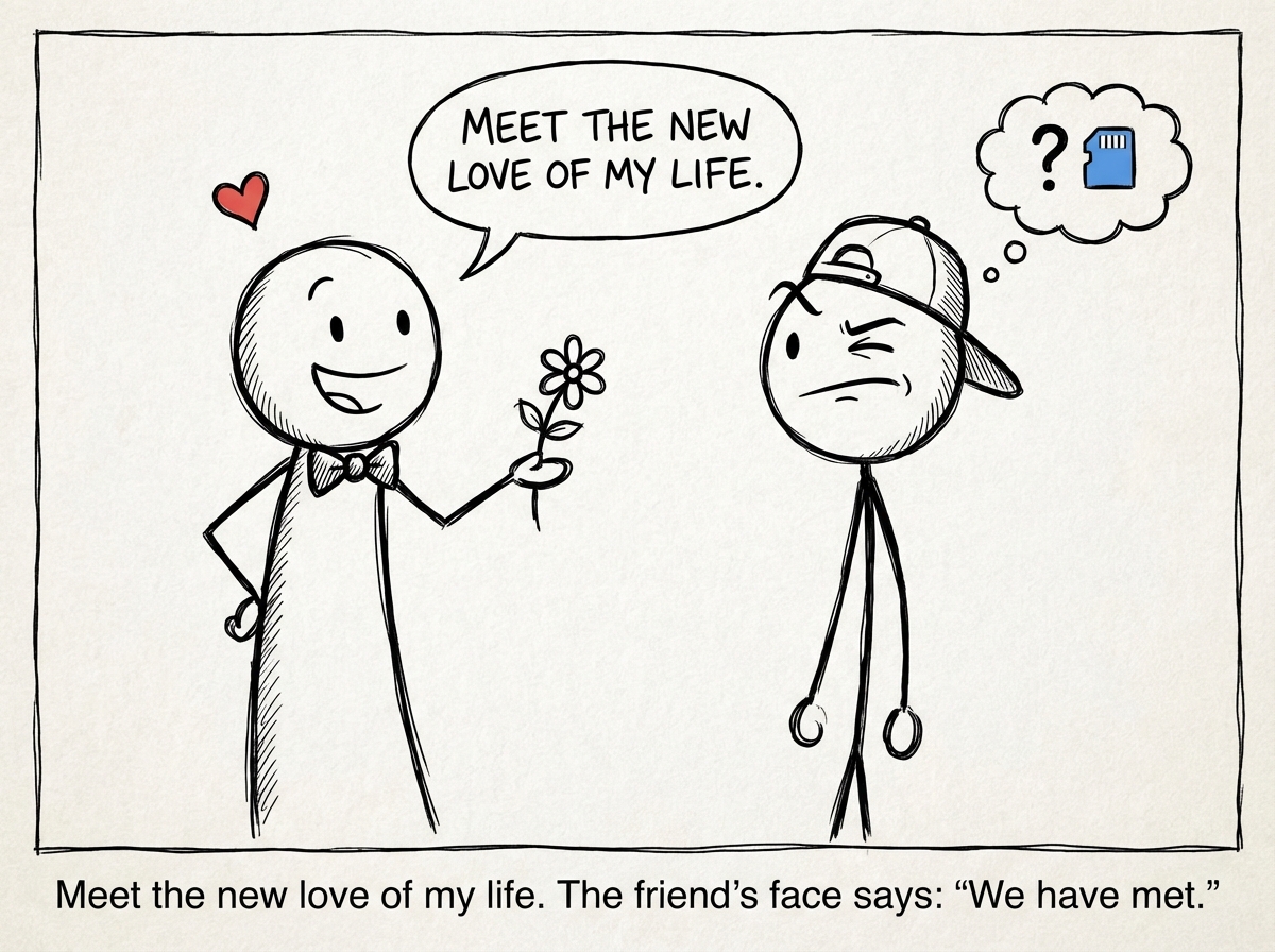 A stick figure introducing their new partner to a friend, looking smitten, while the friend squints with recognition