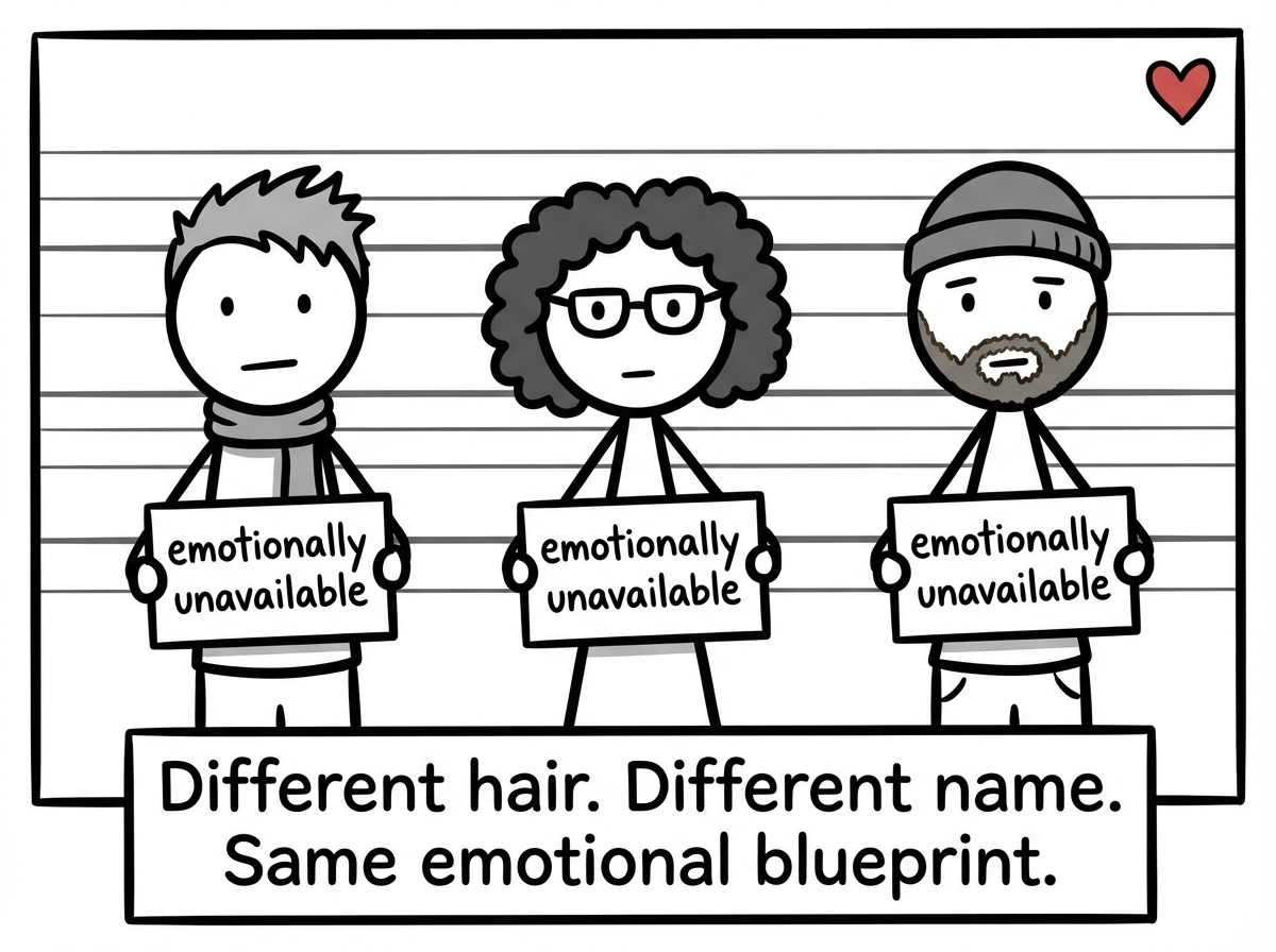 A lineup of three ex-partners, all looking visually different but each holding an identical sign that reads 'emotionally unavailable' in small print