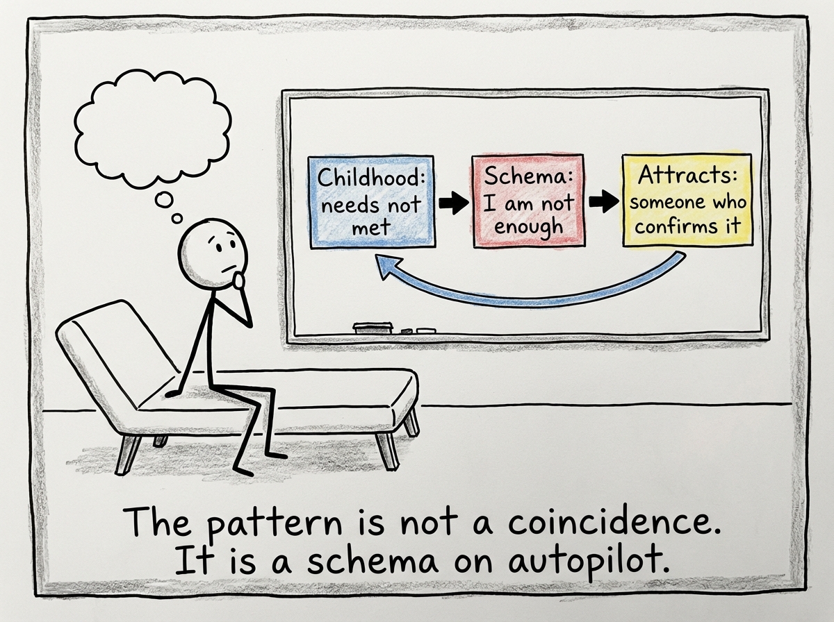 The stick figure staring at a diagram on a therapy wall showing a flowchart: 'Childhood: needs not met' leads to 'Schema: I am not enough' leads to 'Attracts: someone who confirms it' with an arrow looping back to the start
