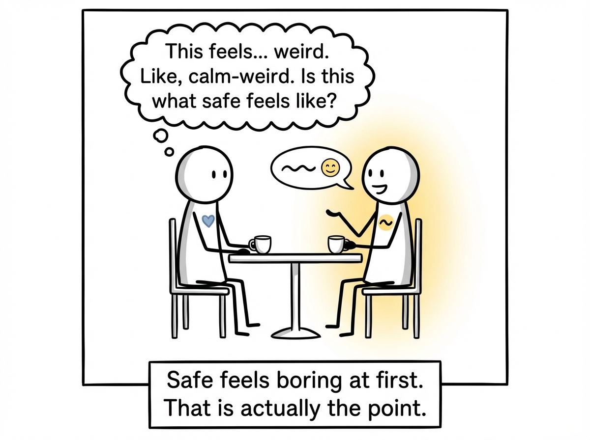 The stick figure on a date with someone new who is communicating openly and warmly, while the stick figure thinks 'This feels... weird. Like, calm-weird. Is this what safe feels like?'