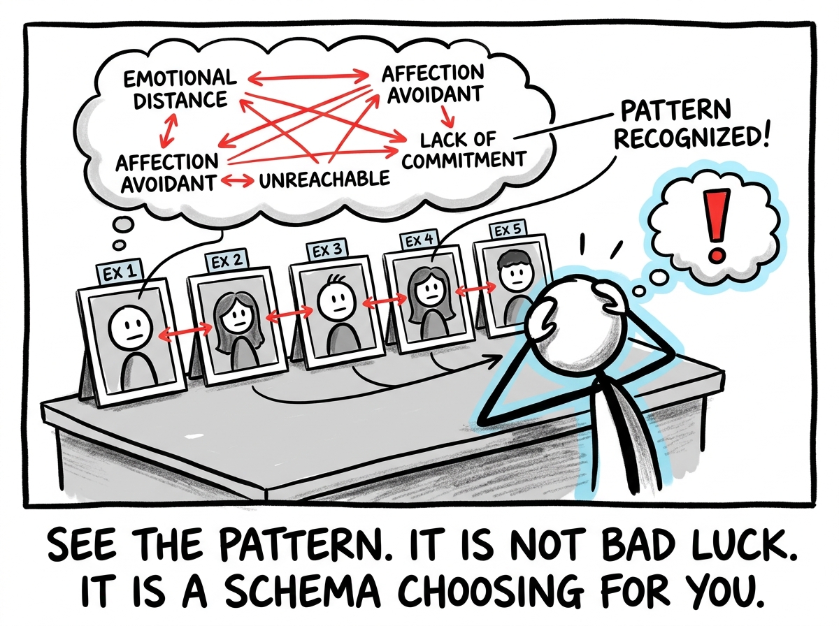 A stick figure looking at photos of their exes laid out in a row and finally seeing the pattern -- same emotional unavailability, different faces