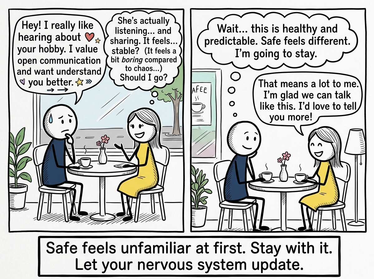The stick figure on a date with someone who communicates openly, noticing the 'boring' feeling and choosing to stay instead of running
