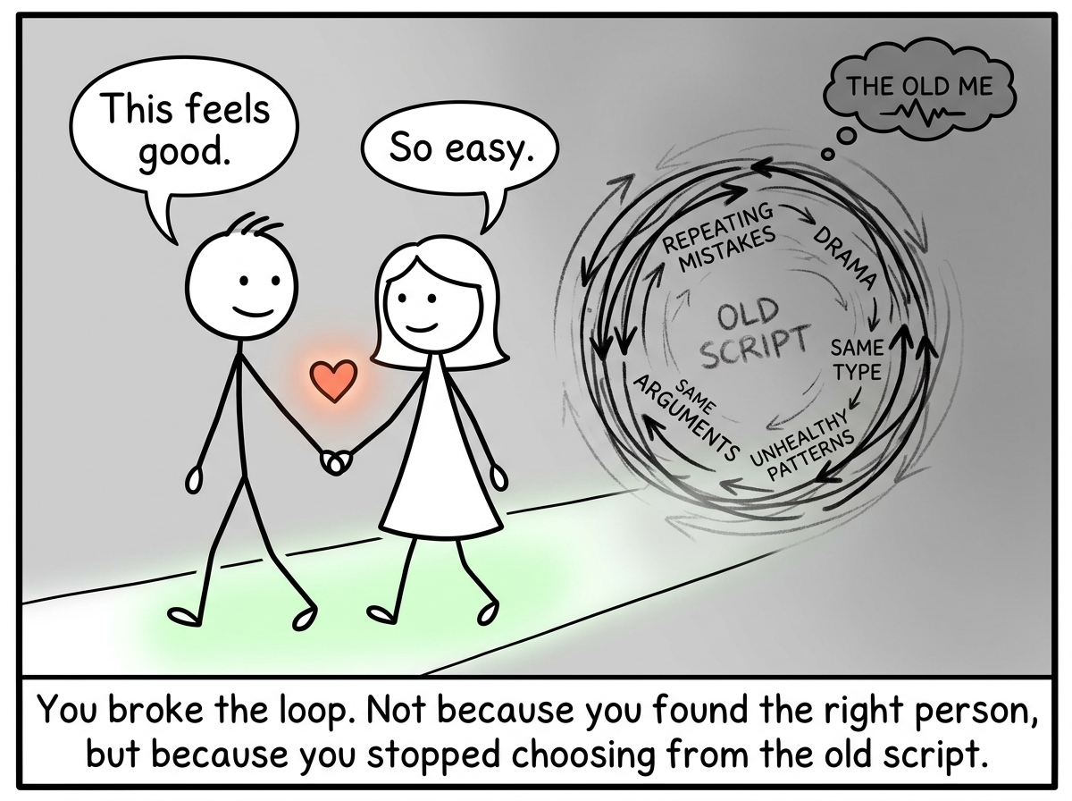 The stick figure in a healthy relationship, looking calm and connected, with the old pattern fading into the background