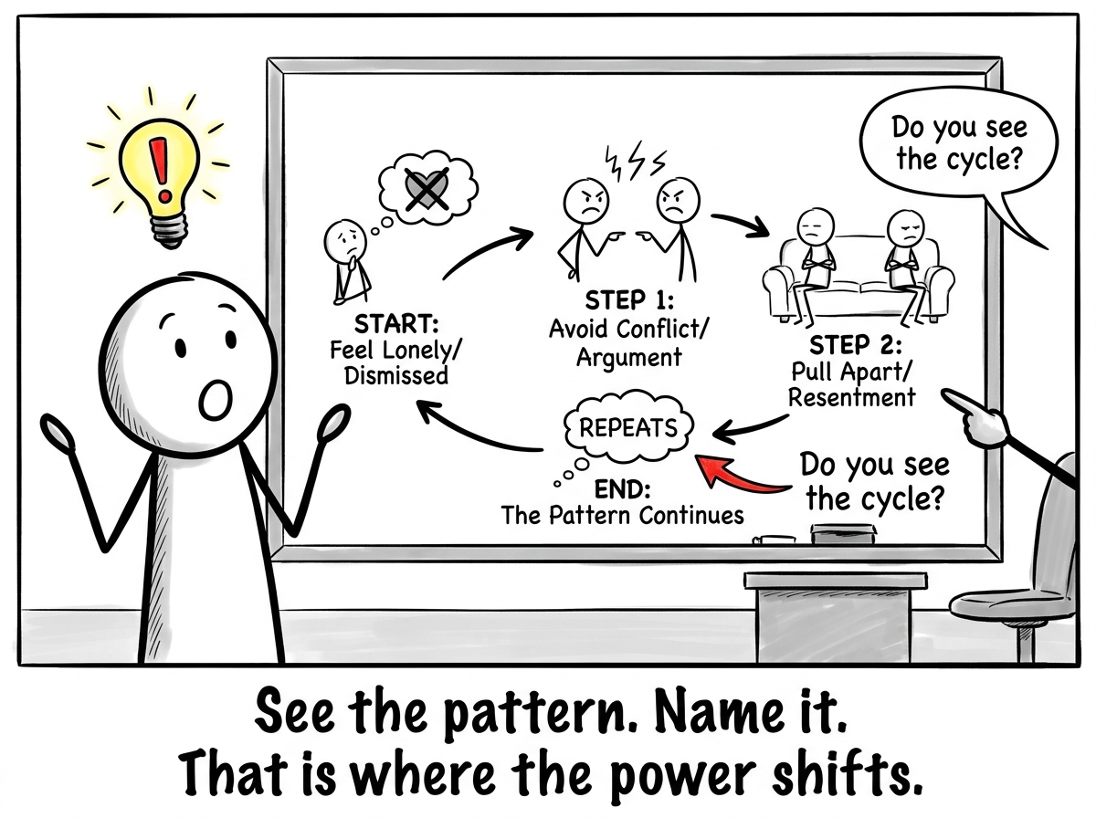 A stick figure looking at a repeating pattern in their relationships drawn on a therapy whiteboard, with a lightbulb appearing above their head