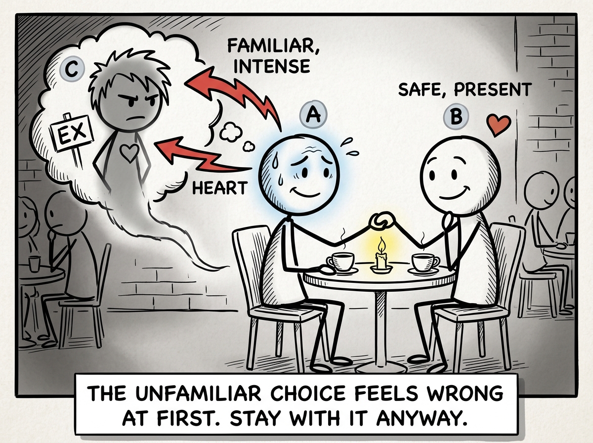 The stick figure on a date feeling the pull toward the familiar type but consciously choosing to stay with someone safe and present instead