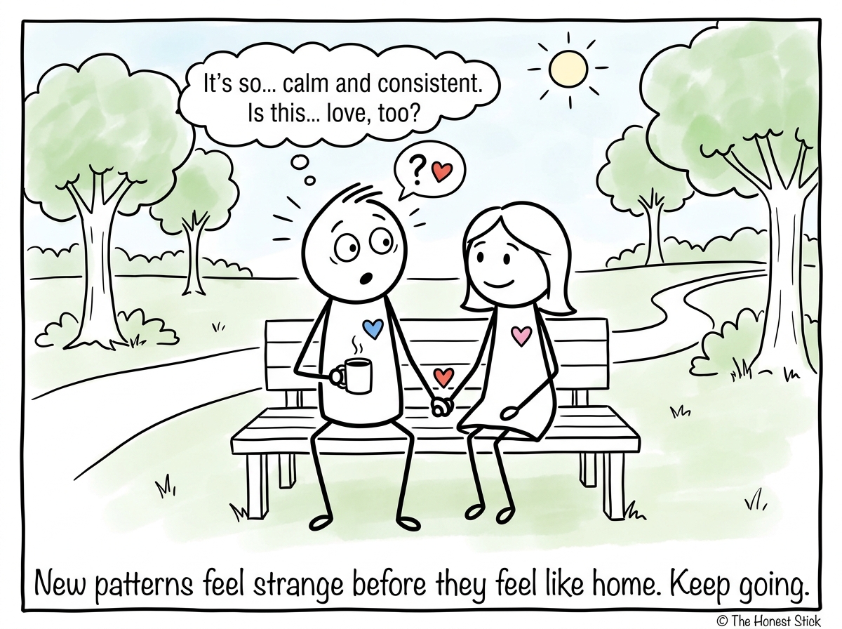 The stick figure in a healthy relationship, looking surprised that calm and consistent can also feel like love