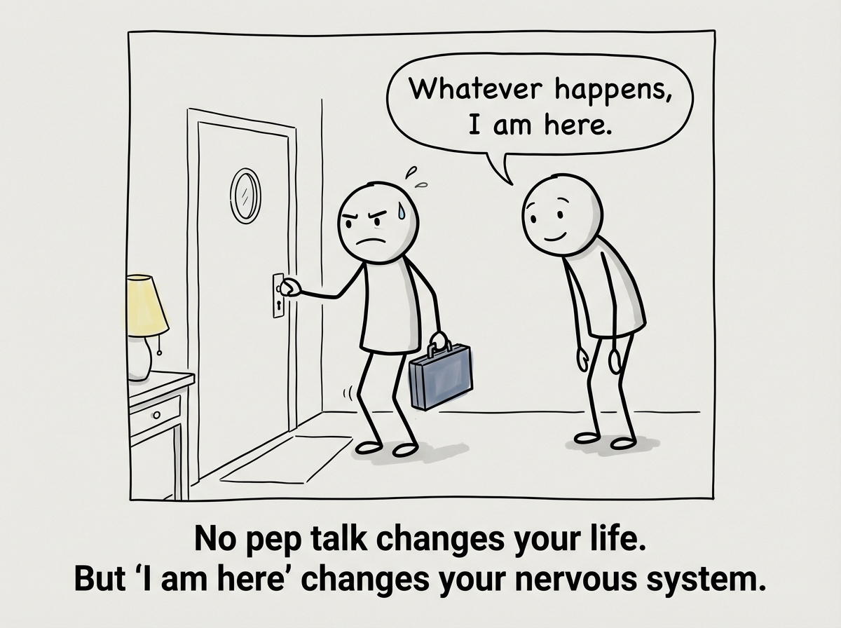 A stick figure standing at the front door, looking nervous, holding a briefcase, about to leave for something scary. Their partner stands behind them saying 'Whatever happens, I am here.'