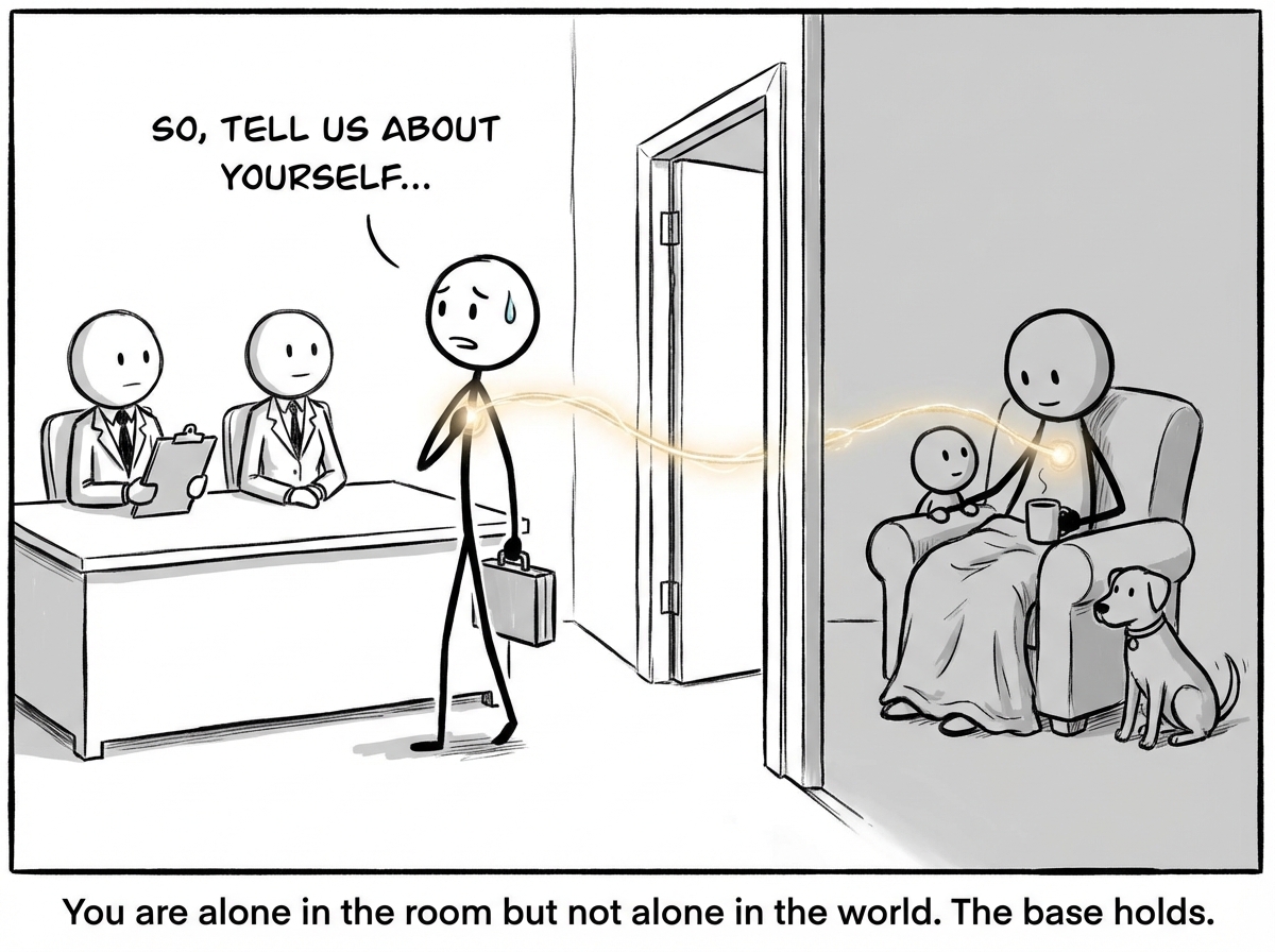 The stick figure in a challenging situation -- a job interview, giving a presentation -- with a faint glowing thread connecting from their chest back through the door to their partner at home
