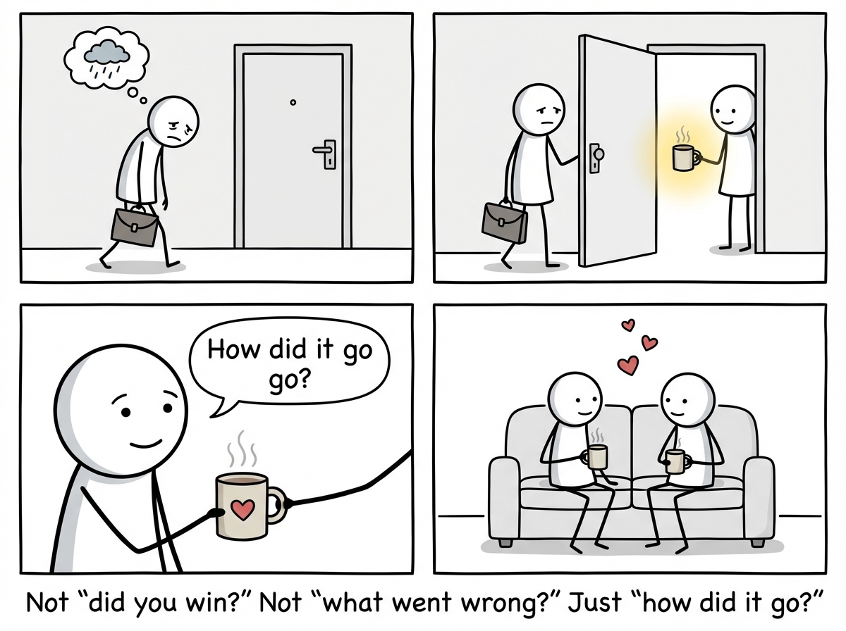 The stick figure coming home after a hard day, opening the door to find their partner there with a cup of tea and the simple question 'How did it go?' -- no judgment, just presence