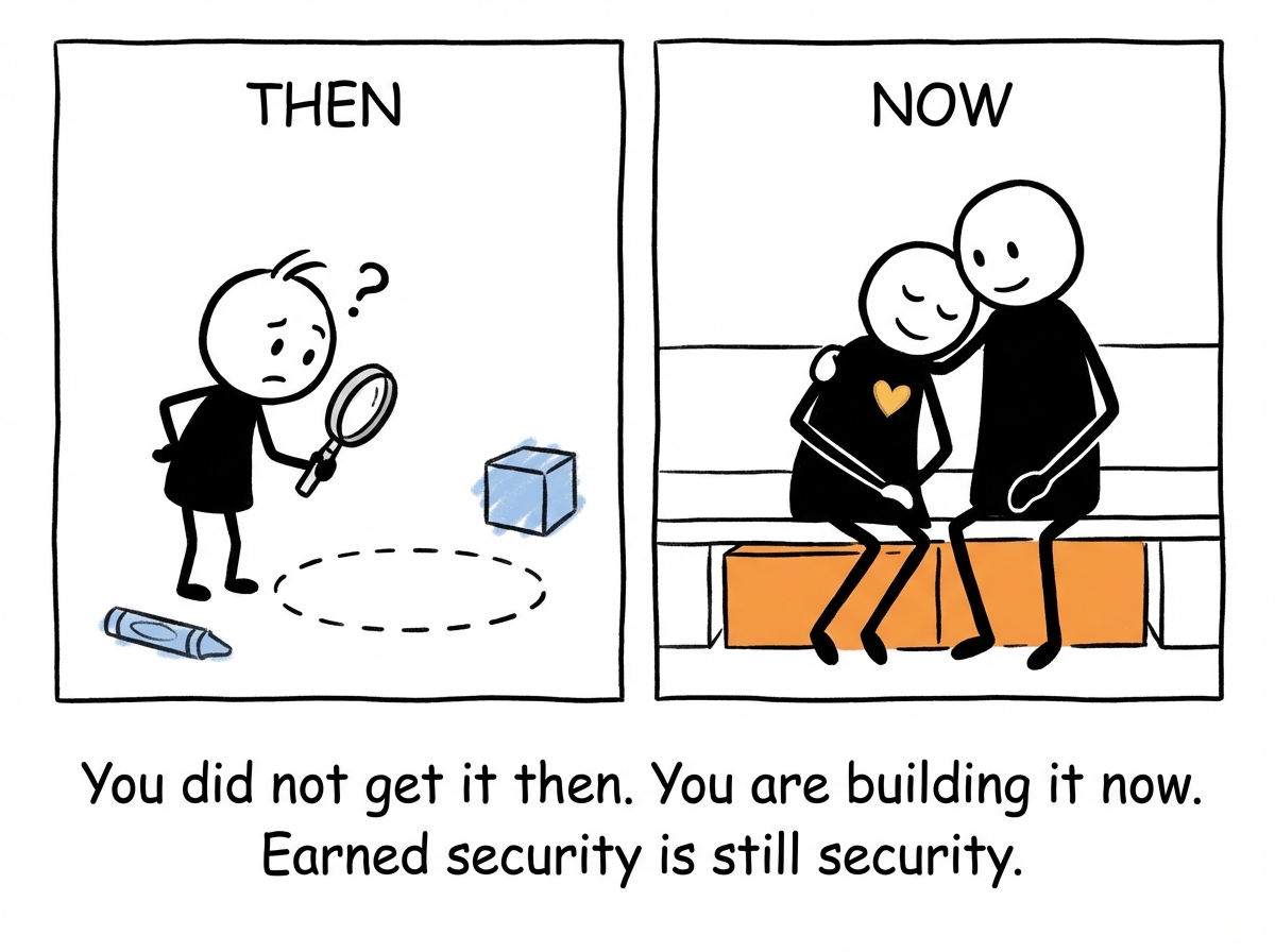A split panel: on the left, the childhood version of the stick figure looking for a base that is not there; on the right, the adult version resting safely against their partner's shoulder