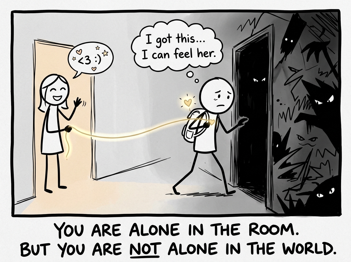 The stick figure stepping into the scary situation carrying the felt sense of their partner's support like an invisible thread
