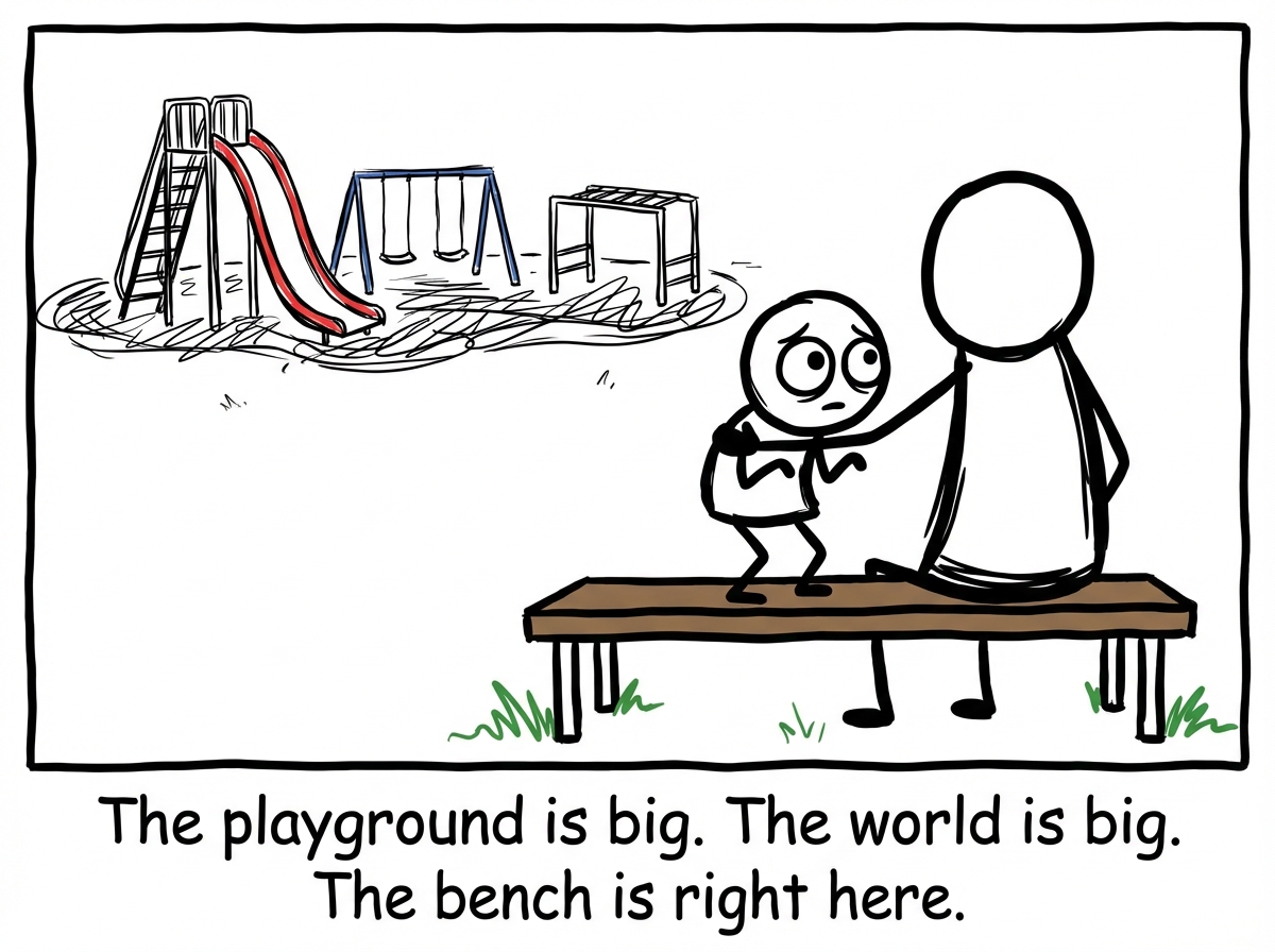 A small child standing close to a caregiver on a park bench, looking at a big, exciting playground with wide eyes but hesitant body language