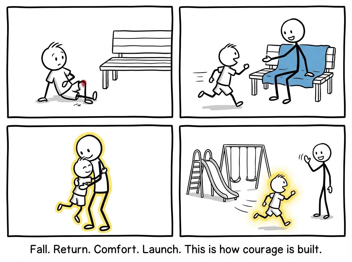 The child running back to the bench after a fall, being scooped up and comforted, then shown again running back toward the playground with renewed confidence