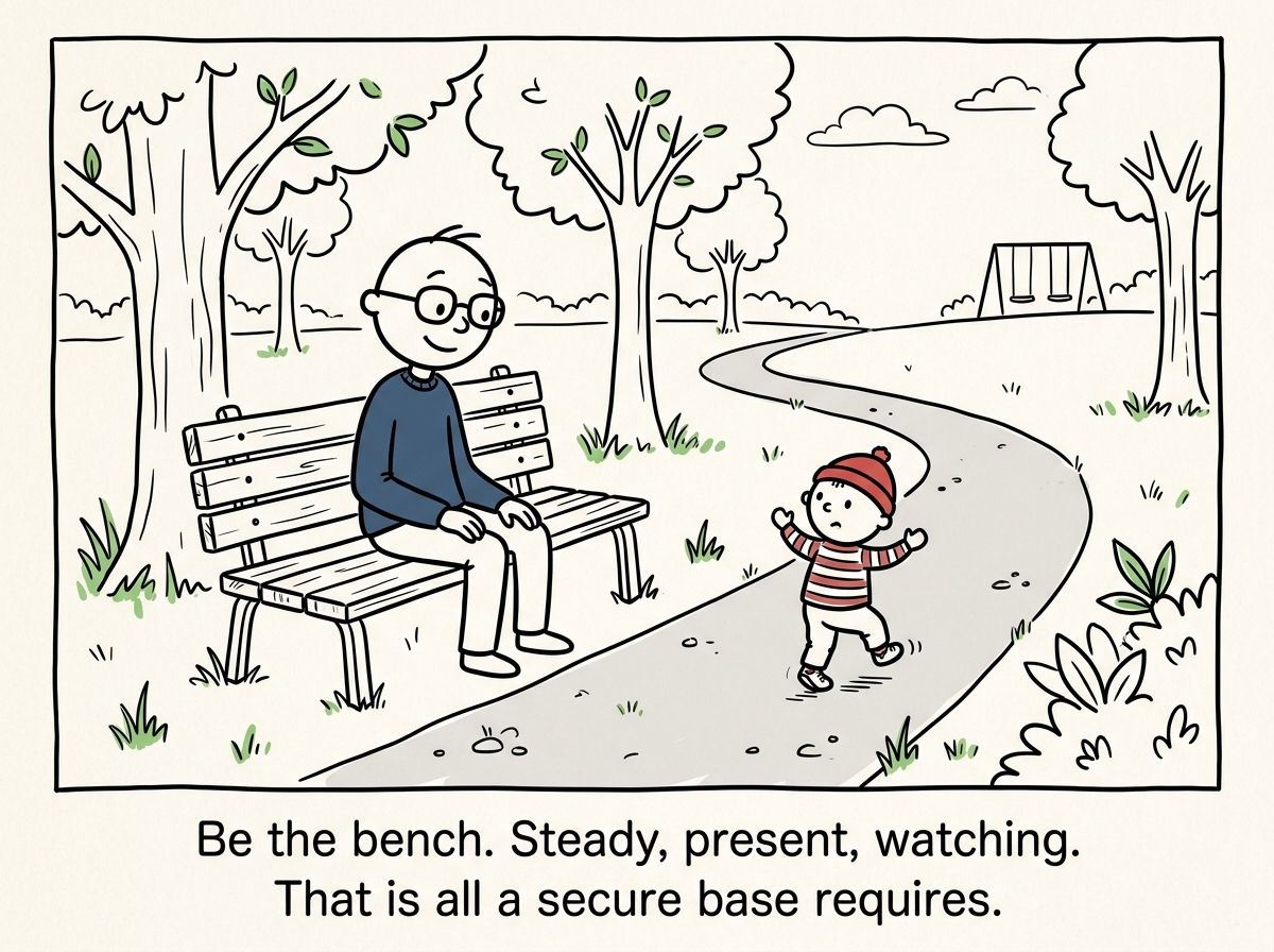 A caregiver sitting on a park bench, fully present and watching, while a toddler takes their first tentative steps away