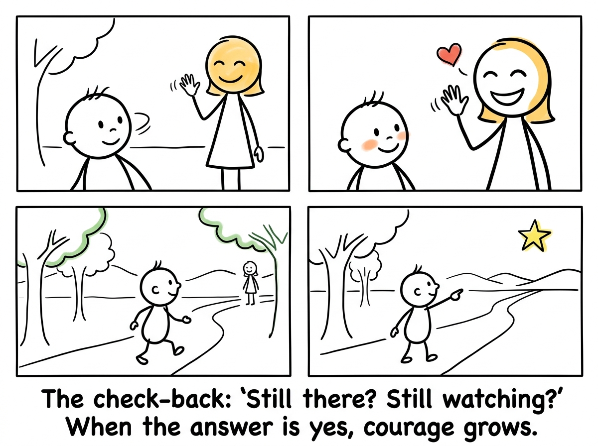 The toddler looking back at the caregiver, seeing a smile and a wave, and turning to explore further with new confidence