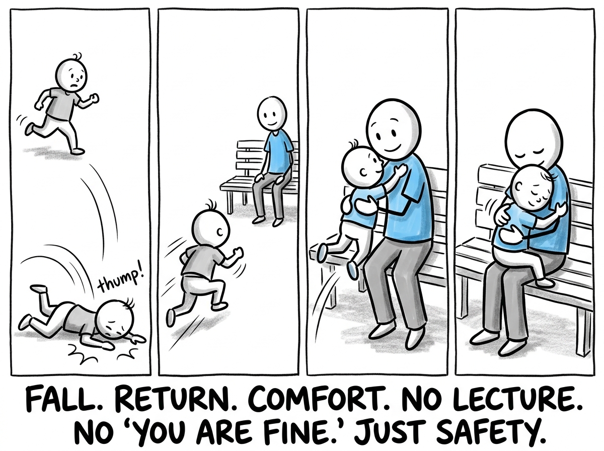 The toddler falling and running back to the bench, being scooped up and soothed without shame or dismissal