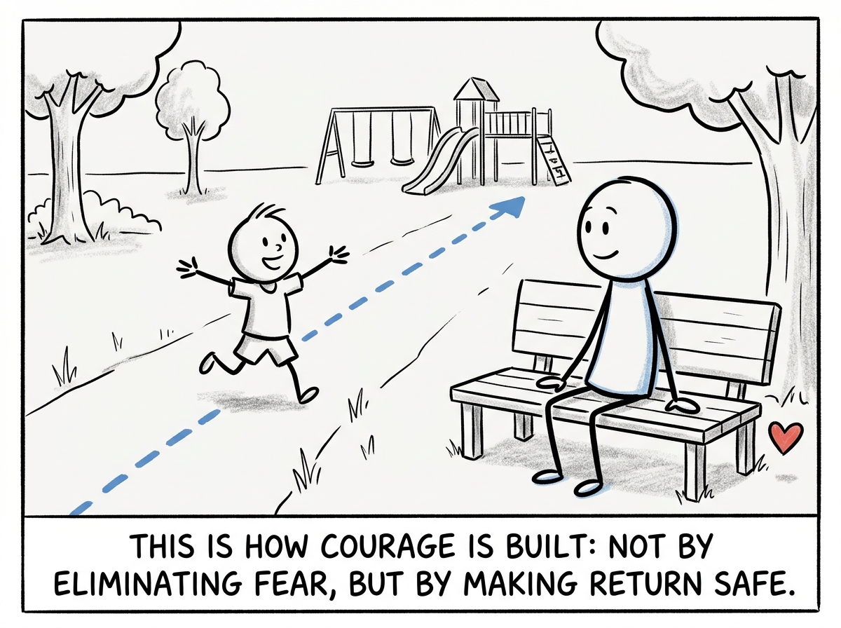 The toddler running back toward the playground even farther than before, arms open, while the caregiver remains solid on the bench