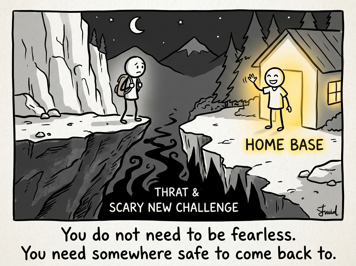 A stick figure standing at the edge of a scary new challenge, looking back at a glowing home base -- a partner, friend, or therapist waving reassuringly