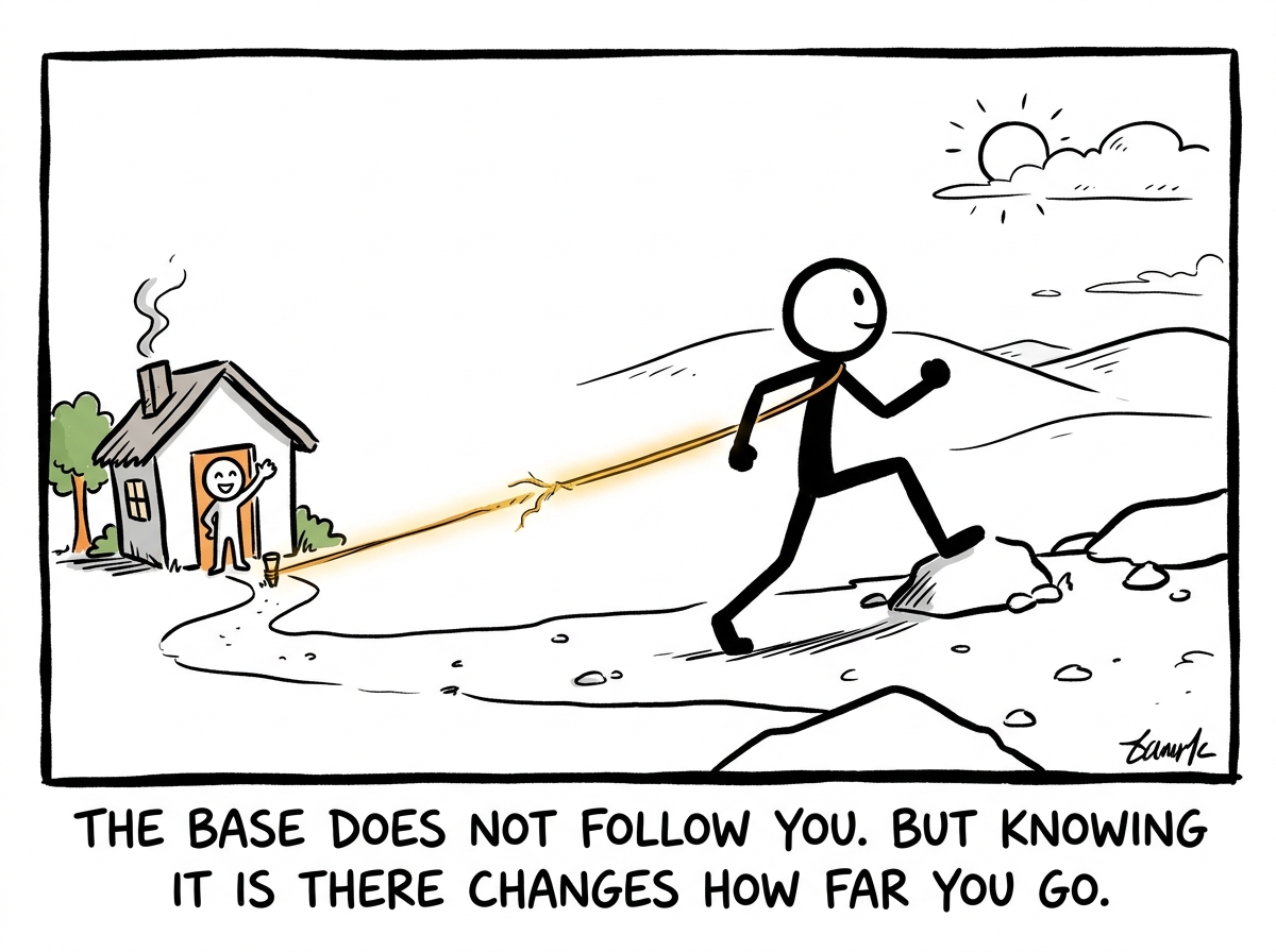 The stick figure taking a brave step forward, with a visible thread of connection stretching back to their secure base