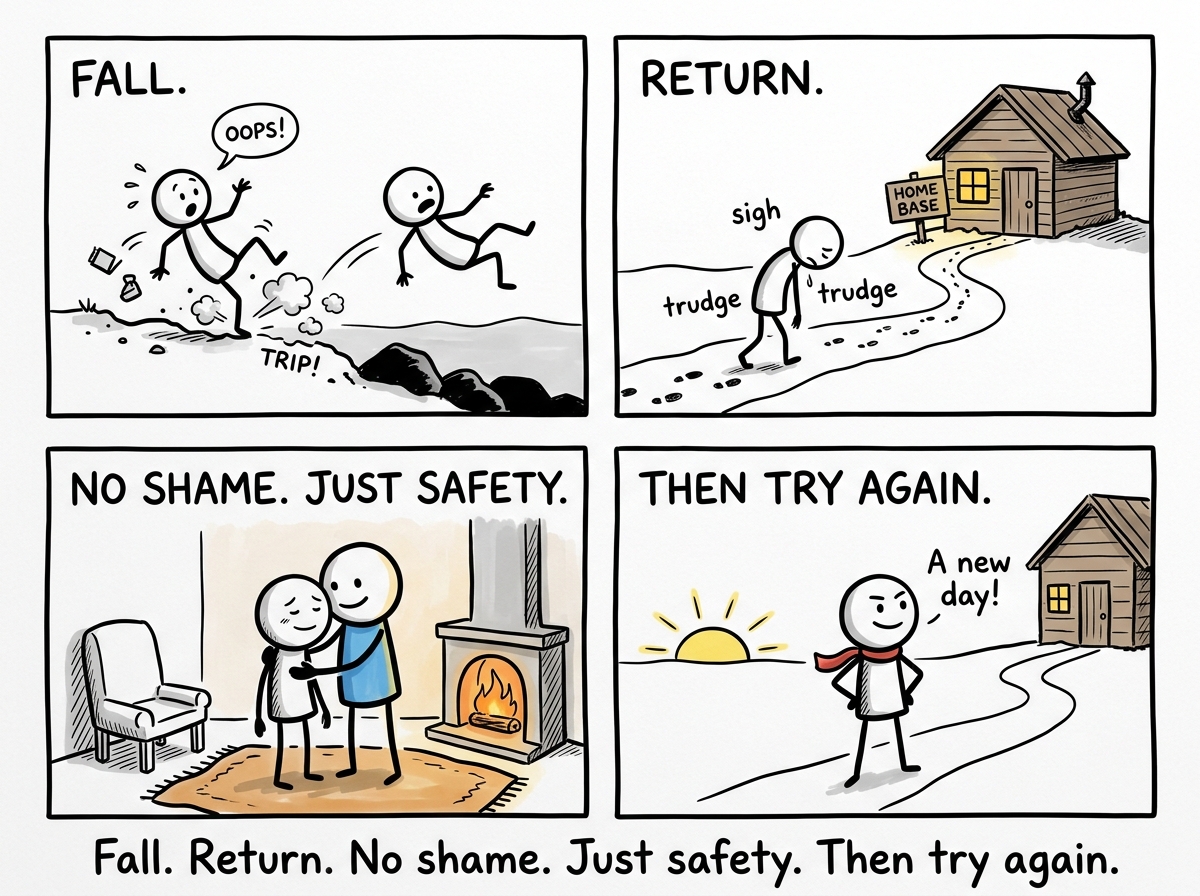 The stick figure stumbling and falling, then returning to the base where they are met with comfort and zero judgment