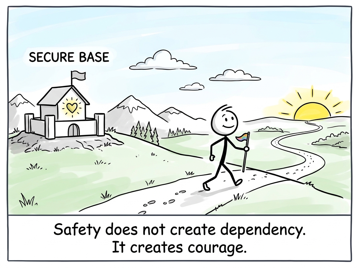 The stick figure venturing farther than before, more confident, with the secure base solid and steady in the background