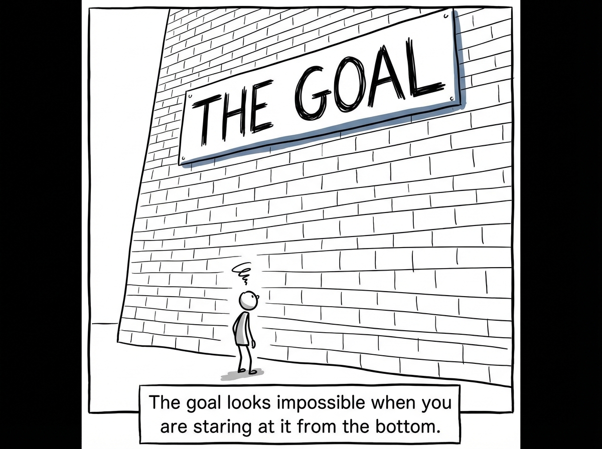 A stick figure looking at a massive wall labeled 'THE GOAL' and feeling overwhelmed, frozen at the base