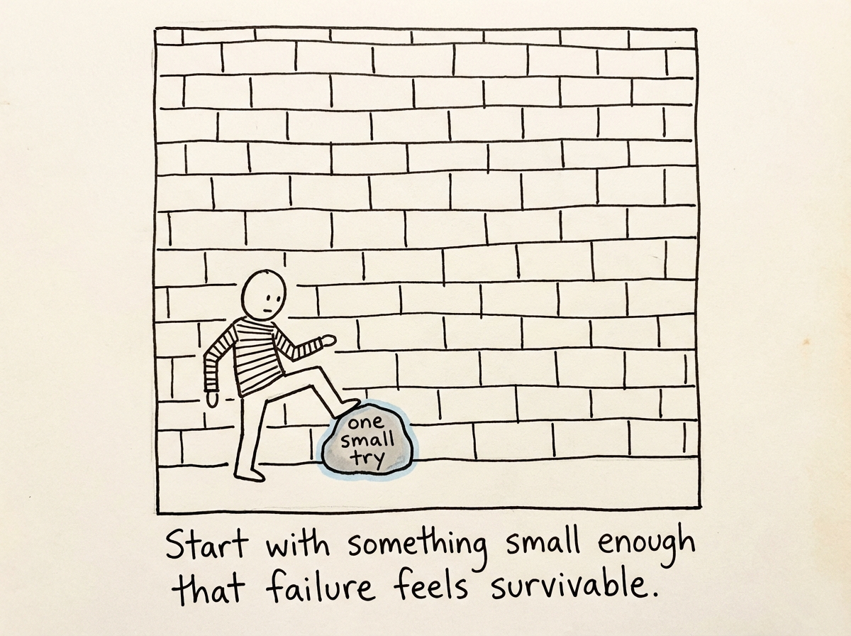 The stick figure placing a tiny stepping stone labeled 'one small try' at the base of the wall and stepping onto it