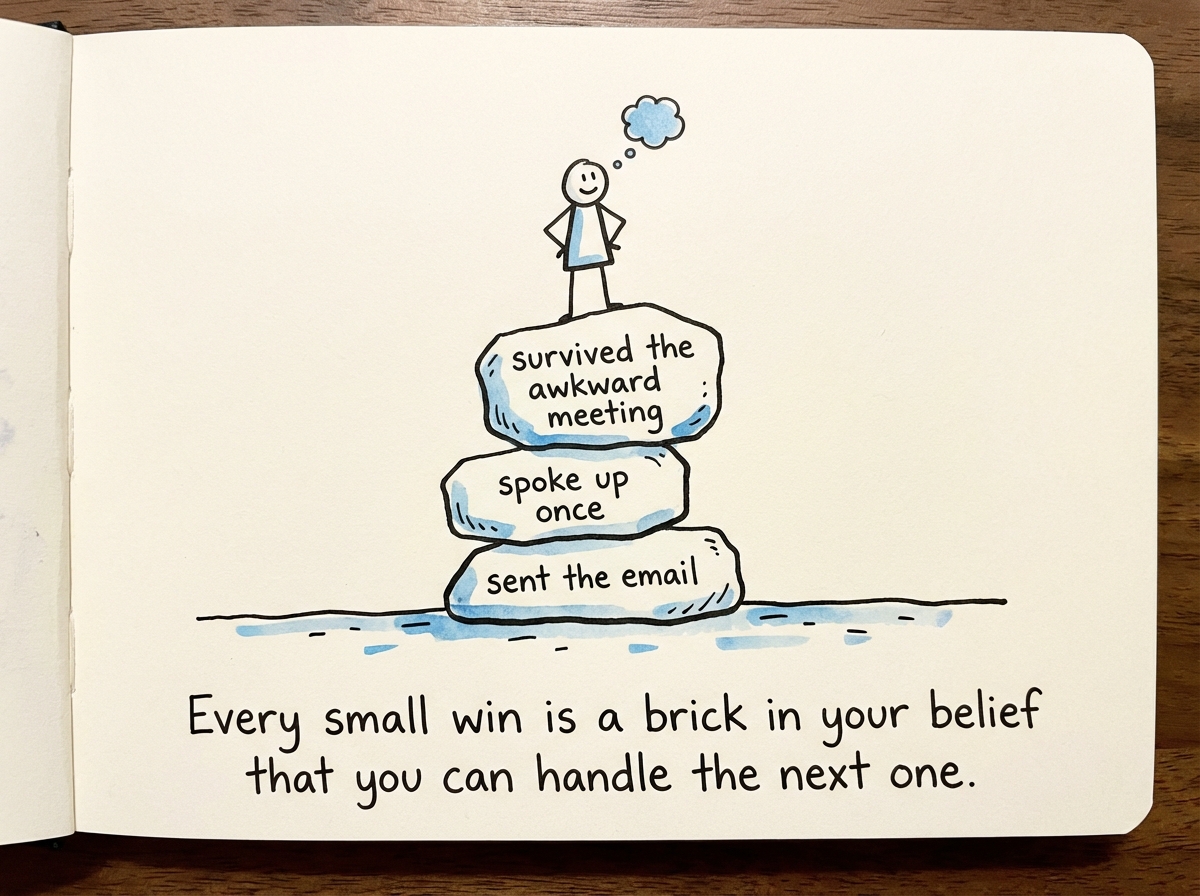 The stick figure now standing on a stack of stepping stones, each labeled with past small wins: 'sent the email,' 'spoke up once,' 'survived the awkward meeting'