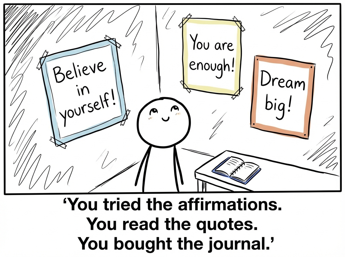 A stick figure surrounded by motivational posters: 'Believe in yourself!' 'You are enough!' 'Dream big!' They look hopeful but nothing is changing.