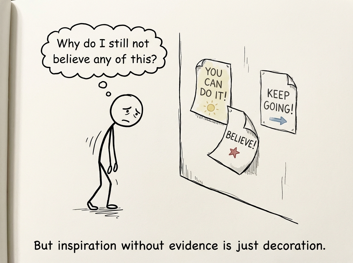 The stick figure deflating as the motivational posters peel off the wall one by one. A thought bubble: 'Why do I still not believe any of this?'