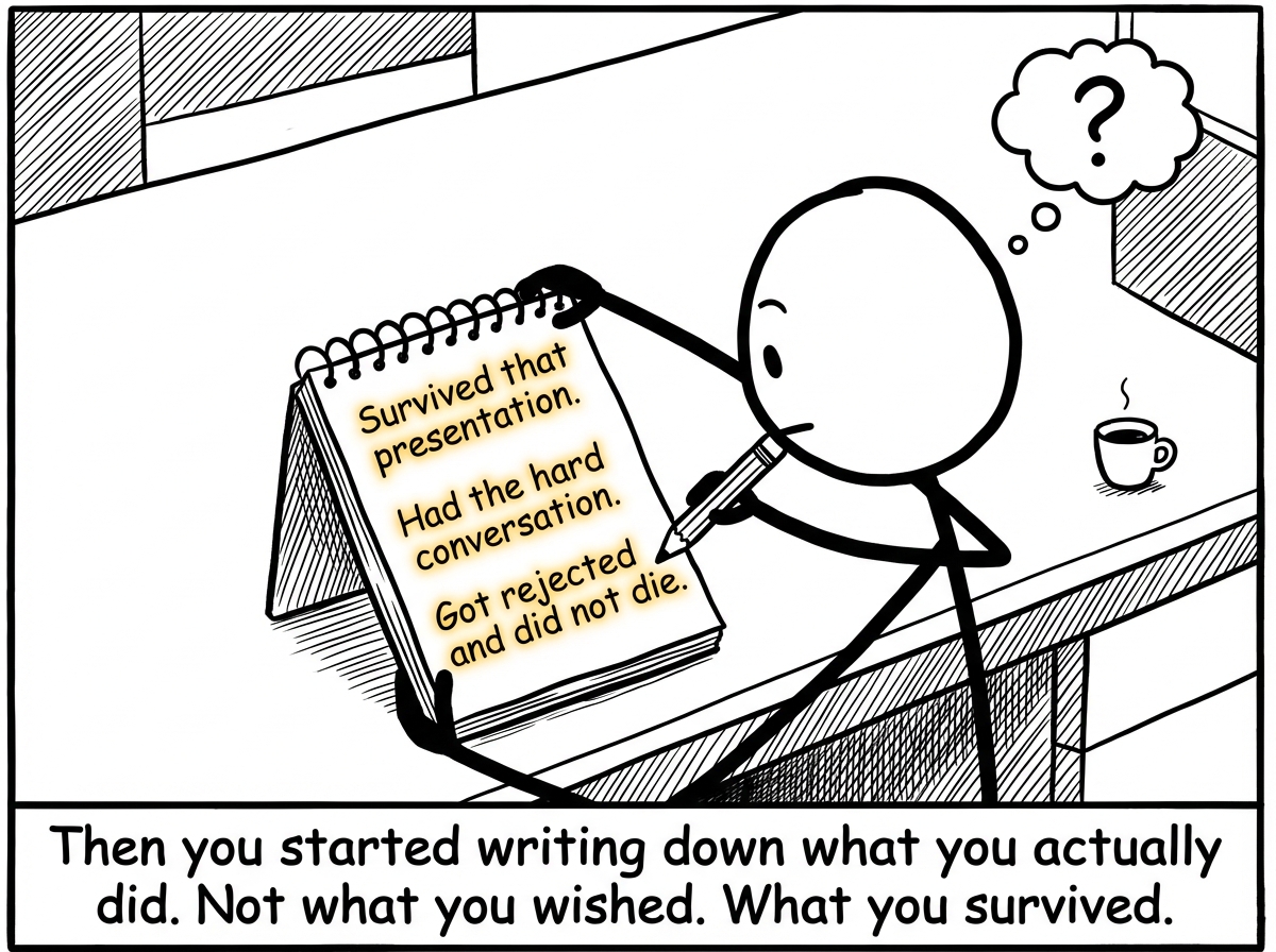 The stick figure opening a small notebook and writing: 'Survived that presentation. Had the hard conversation. Got rejected and did not die.' Each line glows faintly.