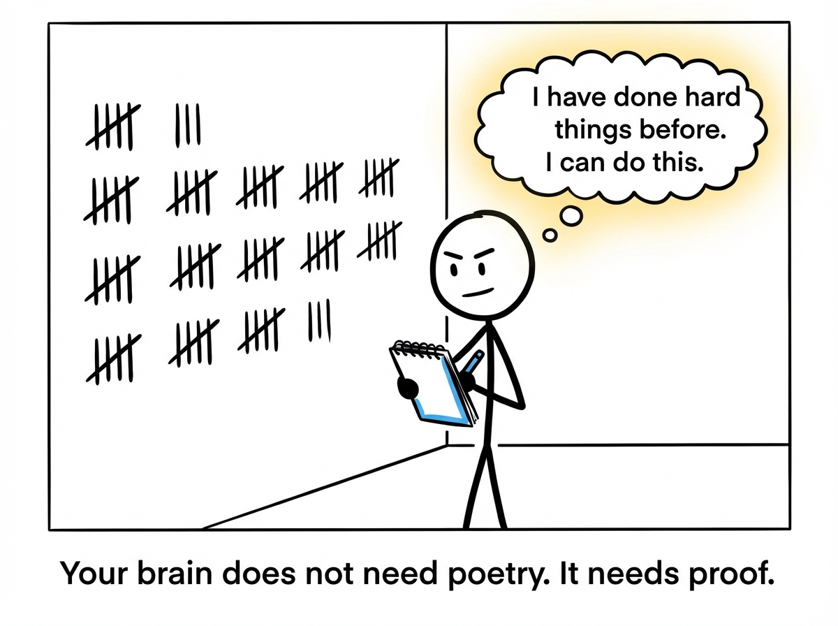 The stick figure holding the notebook confidently, the motivational posters gone, replaced by a simple wall of tally marks -- each one a real experience. Thought bubble: 'I have done hard things before. I can do this.'