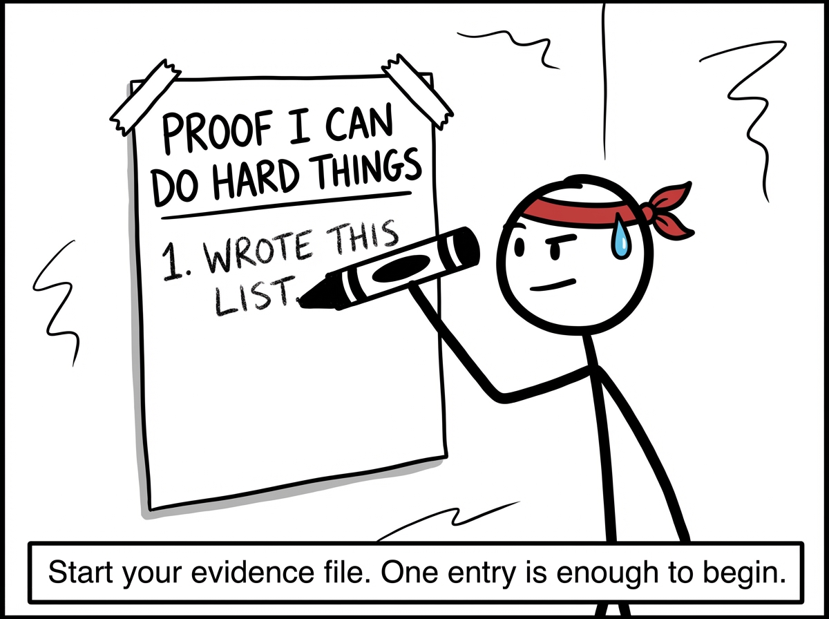 A stick figure starting a 'Proof I Can Do Hard Things' list with just one entry