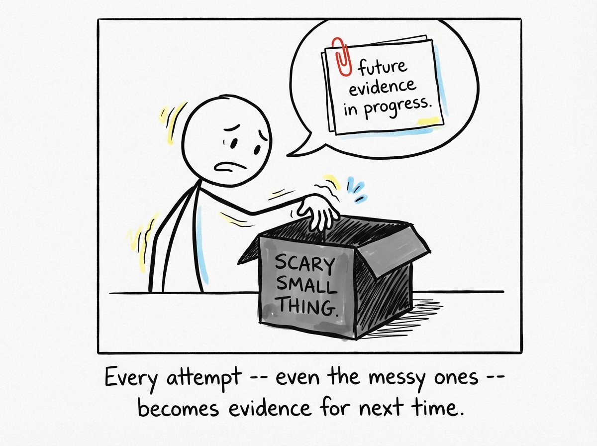 The stick figure attempting something small and scary, with a note: 'future evidence in progress'