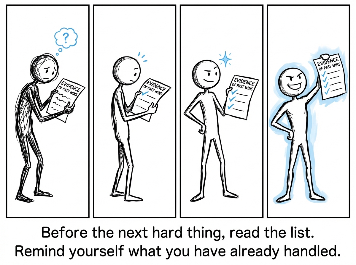 The stick figure rereading their evidence list before a big challenge, their posture straightening with each line