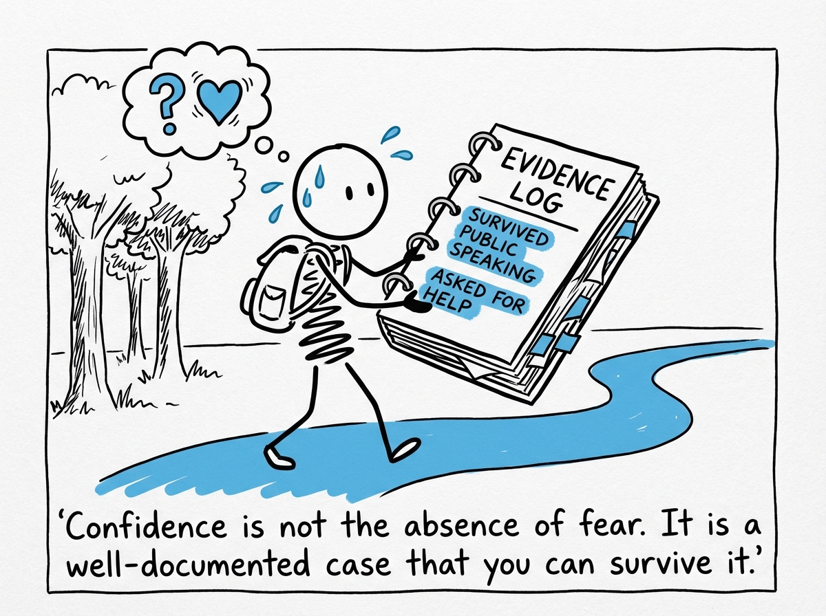 The stick figure with a thick notebook full of evidence, still nervous but walking forward anyway