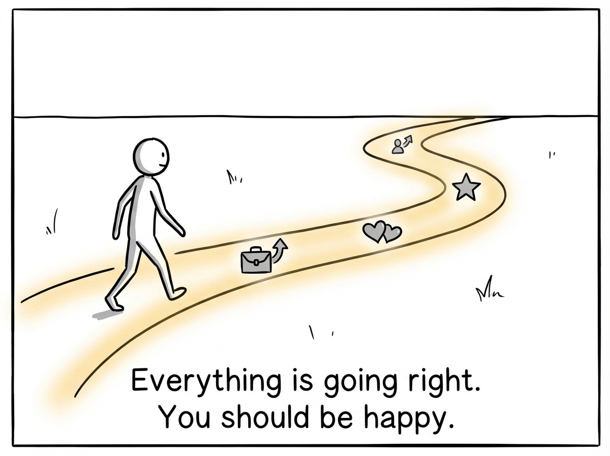 A stick figure with a glowing path ahead of them -- a promotion, a loving relationship, a big opportunity -- everything lined up perfectly