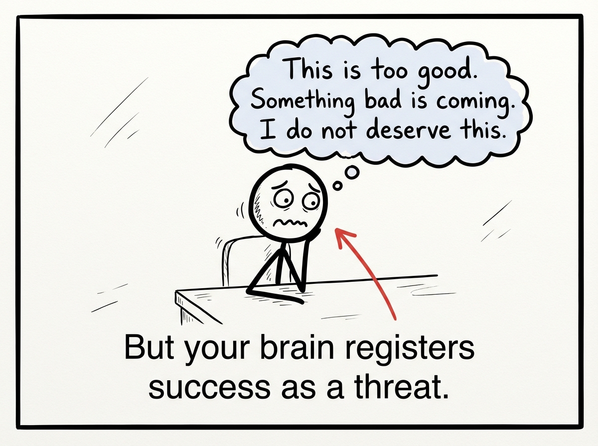 The stick figure with an uncomfortable expression, a thought bubble showing 'This is too good. Something bad is coming. I do not deserve this.'