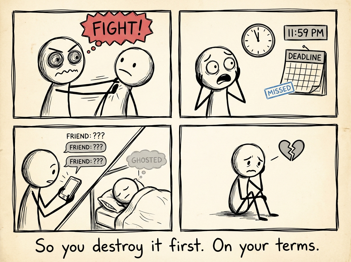 The stick figure actively making destructive choices -- picking a fight, missing a deadline, ghosting someone -- with a panicked, almost involuntary expression on their face