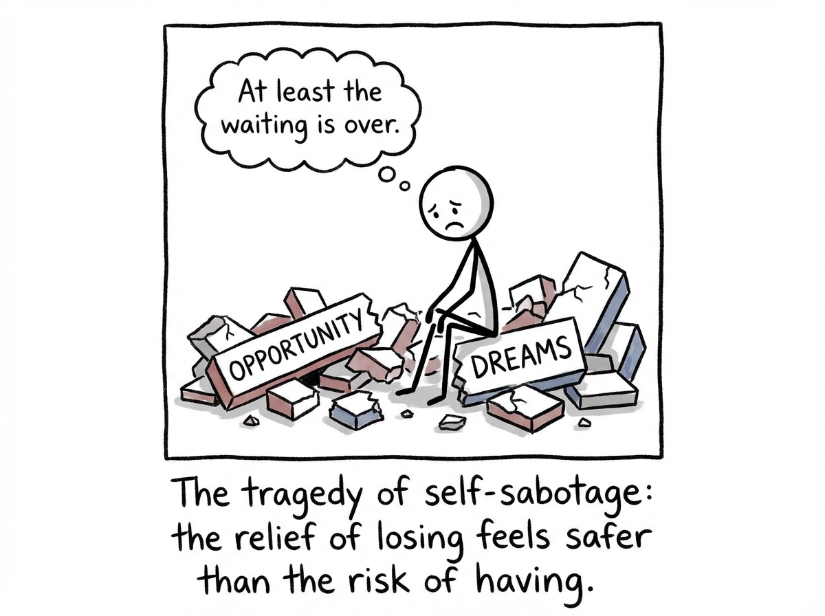 The stick figure sitting in the wreckage of the opportunity, looking devastated but oddly relieved, with a thought bubble reading 'At least the waiting is over'