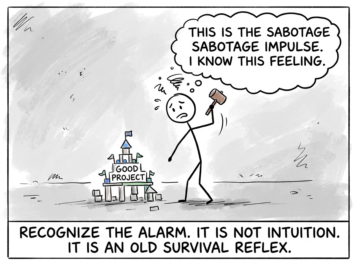 A stick figure feeling the familiar urge to destroy something good, pausing to label the feeling: 'This is the sabotage impulse. I know this feeling.'
