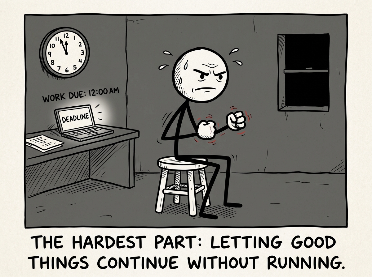 The stick figure sitting with clenched fists, choosing not to pick the fight or miss the deadline, tolerating the discomfort