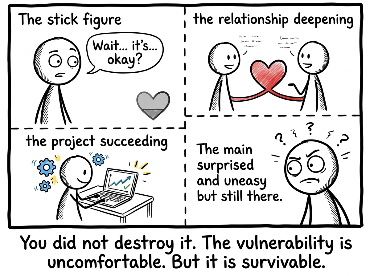 The stick figure watching the good thing survive -- the relationship deepening, the project succeeding -- looking surprised and uneasy but still there