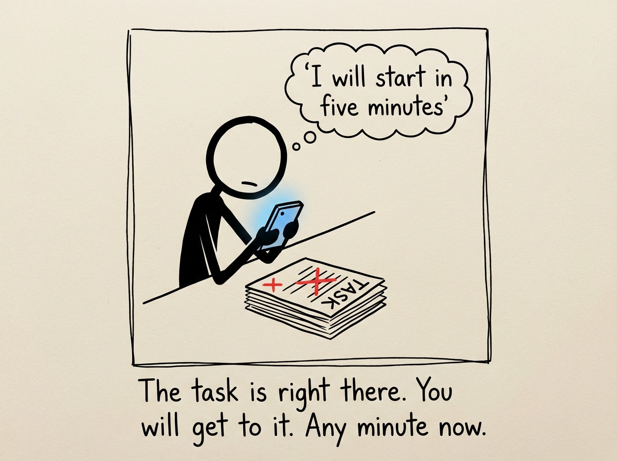 A stick figure sitting at a desk with a task in front of them, looking at their phone instead, with a thought bubble reading 'I will start in five minutes'