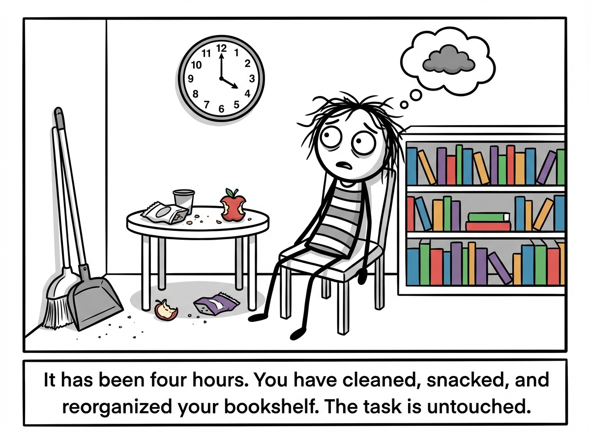 The same stick figure hours later, having done everything except the task -- cleaned, scrolled, snacked -- now looking at the clock with dawning horror