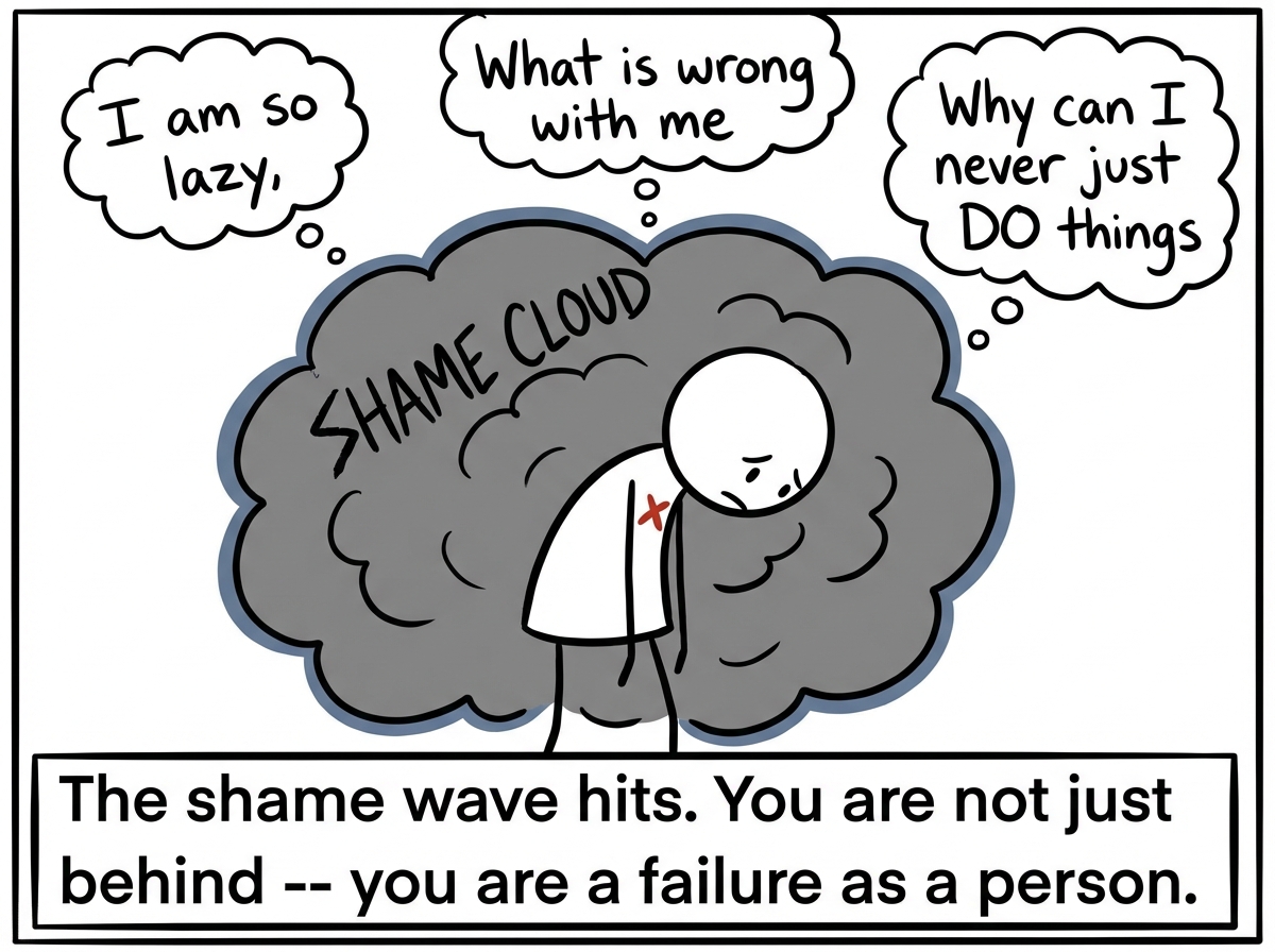 The stick figure slumped in a shame cloud with thought bubbles reading 'I am so lazy,' 'What is wrong with me,' and 'Why can I never just DO things'